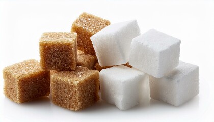 White and brown sugar cubes isolated white background  - Cane sugar cubes