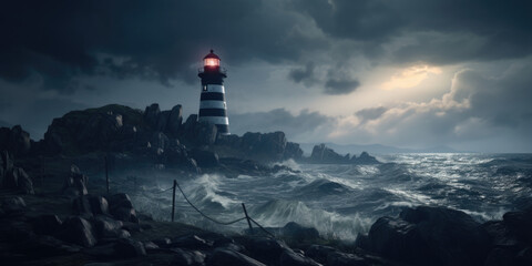 lighthouse stands resolute on rugged cliffs under stormy skies, overlooking a turbulent sea,...