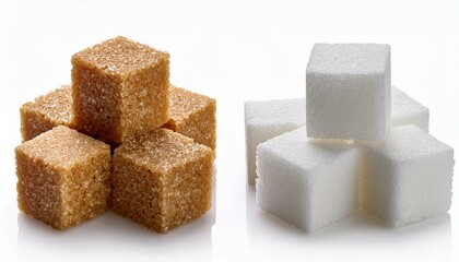 White and brown sugar cubes isolated white background  - Cane sugar cubes
