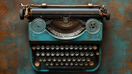 Antique teal typewriter, rusty surface.