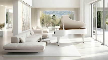 Modern living room with minimalist decor, featuring a sleek white grand piano as the centerpiece and neutral furnishings in a bright, open space