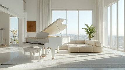 Modern living room with minimalist decor, featuring a sleek white grand piano as the centerpiece and neutral furnishings in a bright, open space.