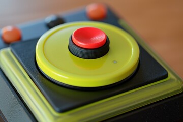 Big red button on a yellow device is waiting to be pushed