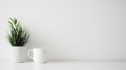 Minimalist Design with Green Plant and White Mug on Clean Surface