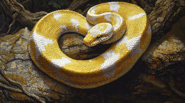 Bright Yellow Python Coiled on Tree Branch in Lush Green Environment