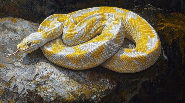 Captivating Yellow Python Coiled on a Rock in Natural Setting