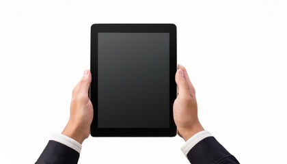 Hand holding tablet isolated - Hands holding black tablet isolated white background