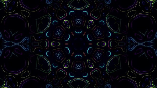 4k abstract looped bg with flashing lines pattern like symmetrical radial ornament on plane like light bulbs or garland of lines. Luma matte as alpha. Kaleidoscopic structure with neon flash lights.