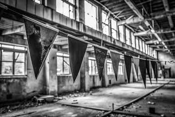 Urban Exploration: Grungy Black & White Pennant Flags Hanging Mockup