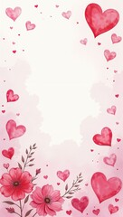 Vertical frame of hearts and flowers, with free space for text in the middle, white background, for Valentine's Day, anniversaries, congratulations.