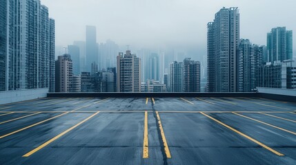 Urban Rooftop with Misty Cityscape in the Background