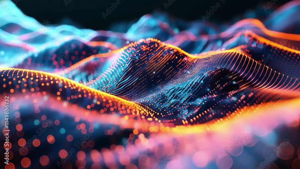 Poster big data visualized as a dynamic, glowing landscape, representing the flow and processing of digital