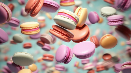 Obraz premium macarons floating in mid-air, showcasing their vibrant pastel hues and delicate textures, perfect for dessert, bakery, or confectionery themes