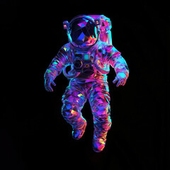 Fototapeta premium A full-body astronaut in a holographic blue-purple suit stands in space against a black background.