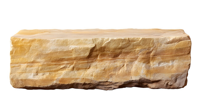 Natural sandstone block featuring horizontal layers in beige and gold tones, ideal for architectural and design projects. Isolated on transparent background