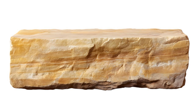 Natural sandstone block featuring horizontal layers in beige and gold tones, ideal for architectural and design projects. Isolated on transparent background - Powered by Adobe