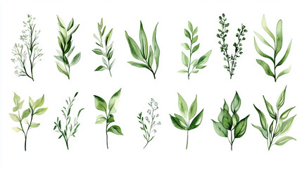 Artistic watercolor collection of foliage plants with intricate detailing, each isolated in a thin frame, against a luminous white background a collection of botanical art and design elements