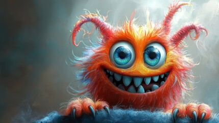 Orange monster, big eyes, sharp claws, smiling.