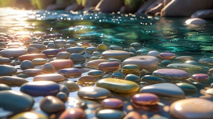 Obraz premium A serene and vibrant riverbed scene, illuminated by warm, dappled sunlight filtering down through the crystal-clear water,generative ai