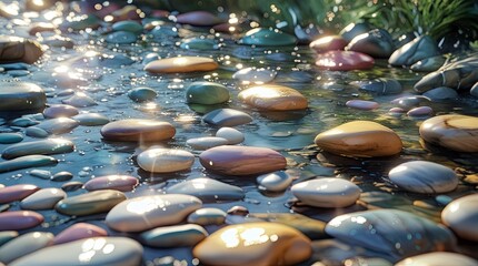 Fototapeta premium A serene and vibrant riverbed scene, illuminated by warm, dappled sunlight filtering down through the crystal-clear water,generative ai