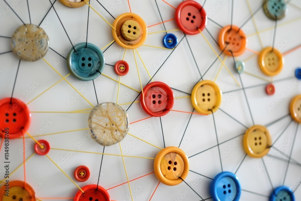 Poster network of colorful buttons connected by threads symbolizing diverse connections and teamwork