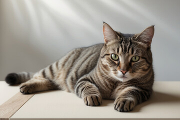 beautiful tabby cat with striking green eyes is lying on a white surface. Its light brown and gray striped fur appears soft and well-groomed.