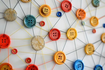 Network of colorful buttons connected by threads symbolizing diverse connections and teamwork