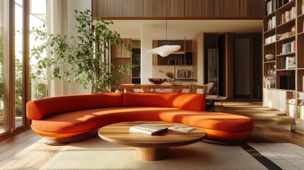 Warm living room interior featuring a bold orange and red curved sofa, a round wooden coffee table, and an airy open floor plan.