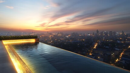 Fototapeta premium Infinity pool at sunset overlooking a city skyline.