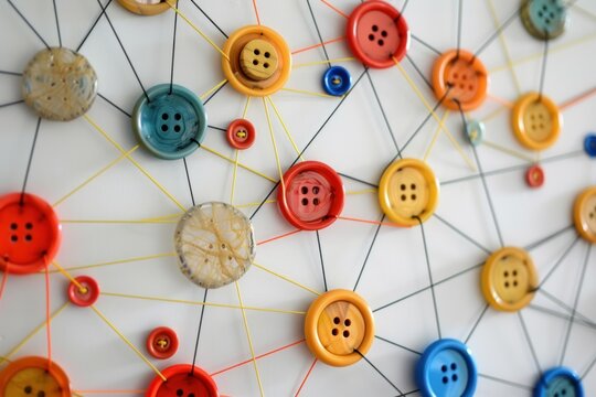 Network of colorful buttons connected by threads symbolizing diverse connections and teamwork