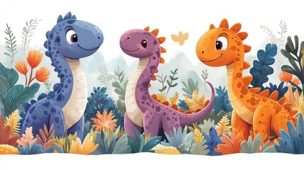 Three friendly dinosaurs in a vibrant garden.