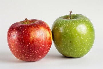 Two whole ripe apples, one red and one green, sit side by side on a plain white backdrop