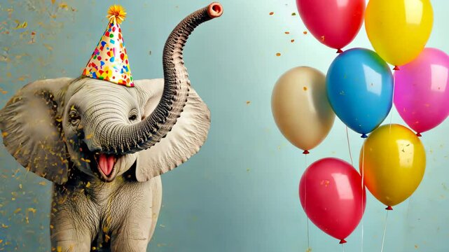 Happy elephant with a party hat on and a bunch of colorful balloons behind it. The balloons are scattered all over the background, creating a festive and joyful atmosphere