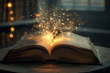 Open book emitting golden magic particles, placed on a wooden surface inside a library