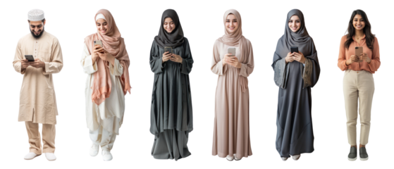 PNG Diverse group using smartphones, element set on transparent background