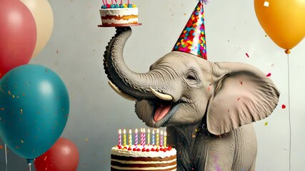 Happy elephant is holding a birthday cake and wearing a party hat. The elephant is surrounded by colorful balloons, which add to the festive atmosphere