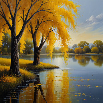 Yellow wooden willow tree abstract giclee oil painting on board, 30x20, in traditional oil painting style, resin, and pointillist florals, panoramic scale
