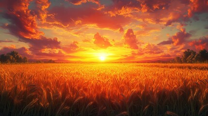 Fototapeta premium Fiery sunset over golden wheat field.