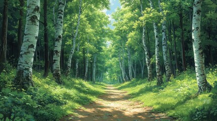 Obraz premium Sunlit path through a birch forest. (1)