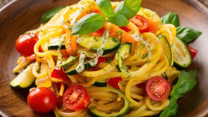Spaghetti squash dish "Primavera" with golden yellow spaghetti squash spirals, seasoned with vegetables such as bell peppers, zucchini and cherry tomatoes. The dish is poured with lemon-herb sauce.