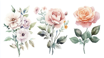 Obraz premium A beautiful arrangement of different colored roses on a pristine white background. Perfect for adding a touch of elegance and romance set of red rose flowers isolated 