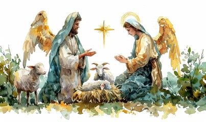 Celebrate the joyous birth of Jesus with a vibrant nativity illustration featuring angels, shepherds, and the holy family in watercolor elegance