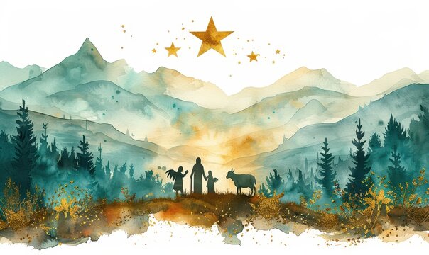 Celebrating the miraculous birth of Jesus with a vibrant nativity illustration in golden and green hues