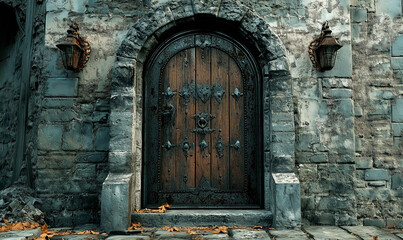 Old entrance door in a castle with wrought iron frame, vintage style, generated ai
