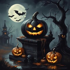 Halloween Night Scene with Spooky Pumpkins