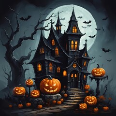 Haunting Halloween Scene with Jack o Lanterns and Full Moon