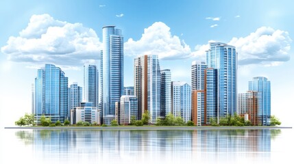 Fototapeta premium Futuristic skyline reflection cityscape skyscrapers clouds water greenery modern architecture serene urban vision