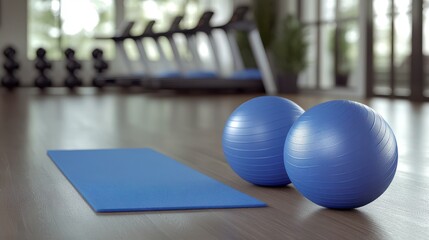 Naklejka premium Fitness setup includes blue exercise mat and balls in bright gym with treadmills dumbbells natural light ambiance