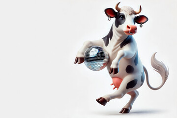 Dancing cow with a mirror ball. Space for text.