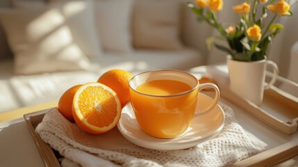 Cup of Fresh Orange Juice with Sliced Oranges and Flowers on a Cozy Breakfast Tray